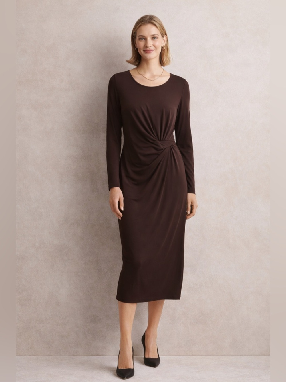 J Jill Wearever Twist Front Dress M Tall Brown Stretch Midi Office Minimalist
